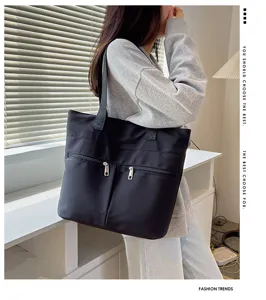 Classic black nylon tote bag for women, large capacity shoulder bag with double zip pockets.