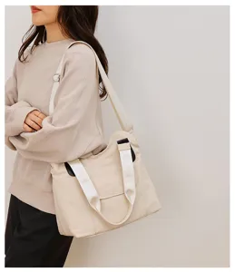 Casual beige nylon canvas shoulder tote bag for women stylish daily crossbody bag with wide strap