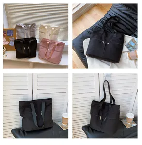 Nylon tote bag for women with front zipper pockets, large capacity daily shoulder handbag.