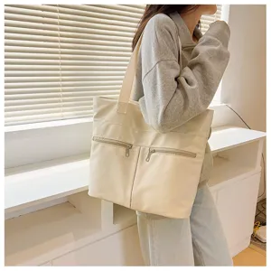 Casual nylon tote bag for women, large capacity shoulder bag with dual front zipper pockets.
