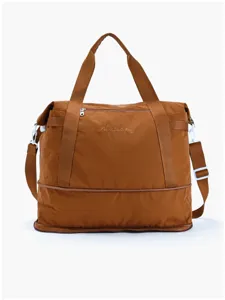Detailed view of the brown travel duffel bag showing durable handles, zippers, and embroidery.