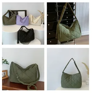 Quilted puffer shoulder bag detail view, large capacity versatile crossbody bag for daily use.
