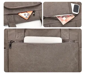 Close-up detail of multi-pocket canvas tote bag showing large capacity for daily items storage.