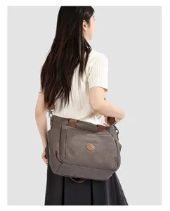 Sac à bandoulière en toile décontracté pour femme, grand sac cabas gris foncé élégant.