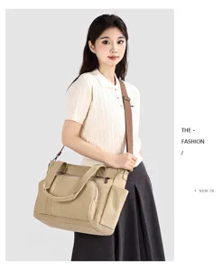 Vintage canvas tote bag shoulder crossbody travel bag khaki casual large capacity handbag