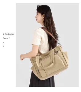 Canvas tote bag shoulder detail showing large capacity, multiple pockets, and retro style.