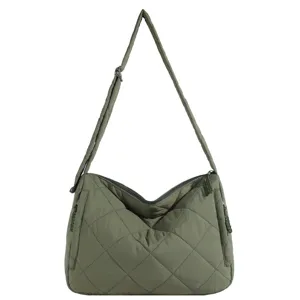 Women Large Capacity Shoulder Bag Retro Nylon Quilted Padded Tote Bag Casual Versatile Crossbody Bag Daily Commuter Handbag