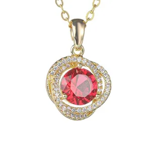 Goldfarbene Halskette mit rotem Zirkon und weißen Steinen, elegante Modeschmuck Hauptansicht.