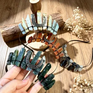 Bohemian Natural Crystal Crown Headband With Retro Moon Decor Gothic Raw Stone Hairband For Women Wedding Photoshoot Party