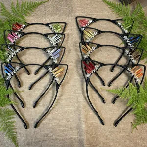 Handmade crystal cat ear headband, multi-color raw stone hair hoop detail display.