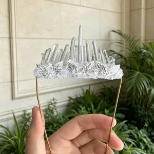 Handcrafted white crystal quartz crushed stone crown suit pocket decoration detail shot