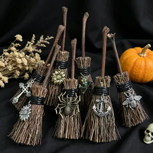 Mini Halloween Witch Broom Decoration With Metal Charm Natural Wood Branch Broomstick Ornament For Christmas Holiday Party Home Decor