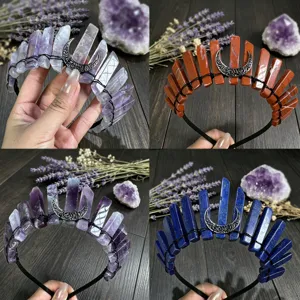 Handmade crystal crown headband with crescent moon and natural gemstone points for women.