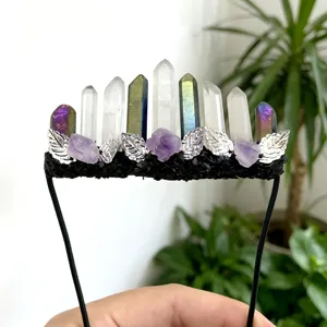 Handgemaakte kristallen kroon tiara kristallen cluster met zilveren bladeren haar accessoire
