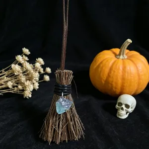 Miniature witch broom Halloween hanging ornament with crystal pendant for home party decor