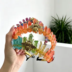 Natural crystal crown headband with colorful clusters and gold bee decor for women festival gift