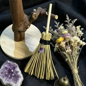 Wicca witch mini broom car pendant with crystal gemstone, perfect magical hanging ornament.