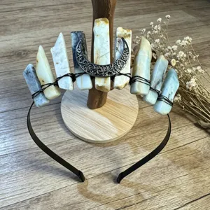 Natural crystal raw stone crown headband with silver crescent moon detail, gothic boho hair piece.