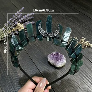 Natural green crystal crown headband with silver moon charm gothic hair accessory for women