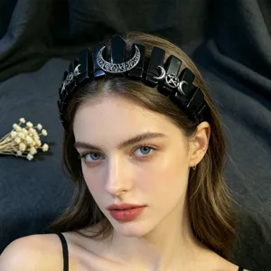 Diadema de corona de cristal negro con luna creciente y pentagrama para accesorio de pelo gótico.