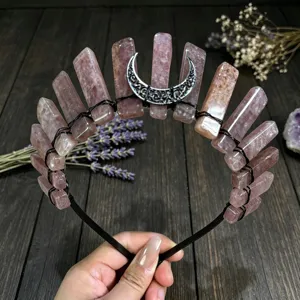 Natural crystal crown headband detail pink quartz crescent moon festival party hair accessories