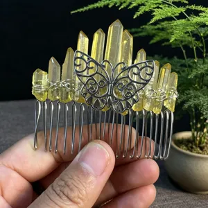 Peigne à cheveux en quartz cristal jaune naturel fait main avec papillon en alliage femme