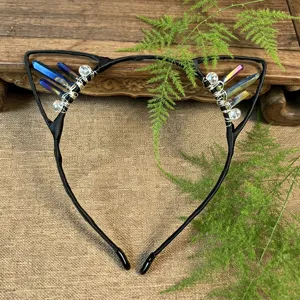 Handmade black cat ear crystal headband with wire-wrapped quartz stones for women fashion wear.