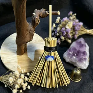 Mini witch broom car pendant with blue crystal charm Wicca pagan hanging ornament decoration.