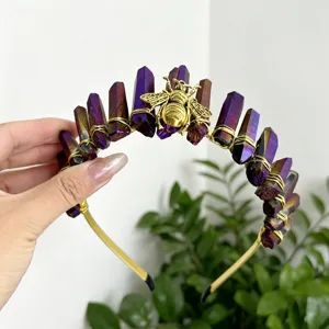 Natural crystal crown headband with gold wire and bee, perfect for festival photography and party wear.