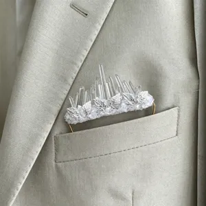 Handmade white crystal pocket square detail, exquisite suit accessory for men style.
