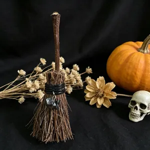 Halloween miniature witch broom decoration with crystal pendant and natural twigs for festival party props