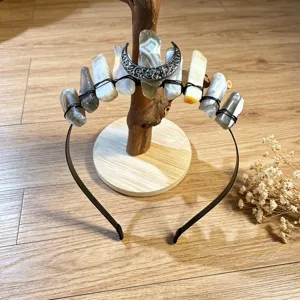 Natural crystal crown headband detail, elegant handmade gemstone hair hoop for daily wear.