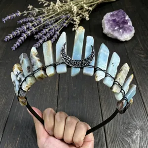 Natural crystal crown headband raw stone tiara with black crescent moon for women fashion