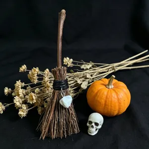 Halloween witch broom ornament with crystal pendant, perfect for holiday desktop decoration display.