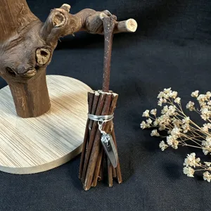 Mini twig broom ornament with crystal pendant for Halloween, Christmas, and daily home decor.