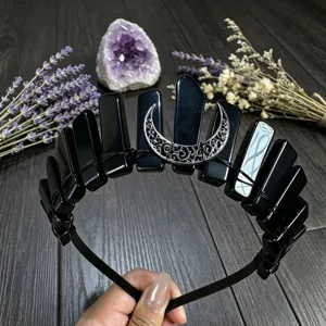 Handmade black crystal crown headband with silver crescent moon charm for festival party wear.