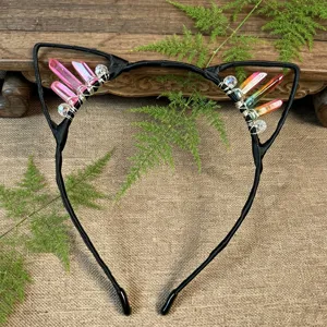 Handmade black wire wrapped cat ear crystal headband with natural quartz for women parties.