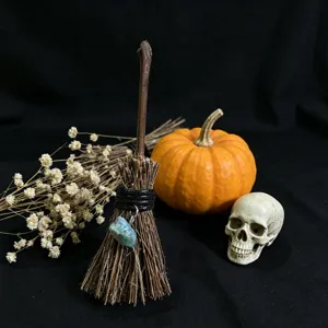 Halloween miniature witch broom ornament with blue crystal pendant holiday desktop decor item