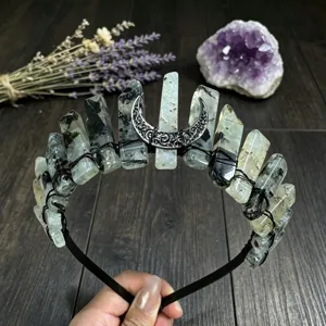 Natural crystal crown headband with raw stones black wire and crescent moon for women.
