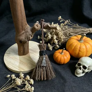 Halloween miniature decorative broom prop with charm for holiday home desktop party decor setup