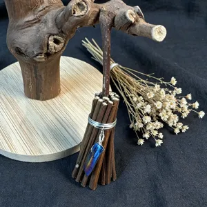 Miniature crystal broom detail, rustic witch decor ornament with blue aura quartz pendant.
