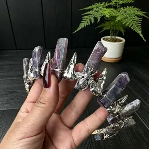 Gothic crystal crown headband with purple quartz columns, silver bird skull and bee charms.