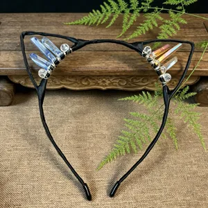 Handmade black cat ear headband with crystal clusters, wire-wrapped crystal quartz hair hoop.