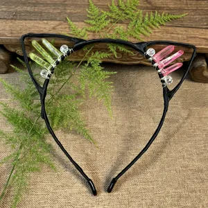 Handmade crystal cat ear headband with green and pink quartz stones for daily hair styling.