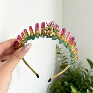 Handmade crystal crown headband with colorful natural quartz clusters and gold bee.