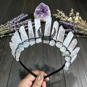 Crystal crown headband with raw white quartz stones and black crescent moon, gothic style.