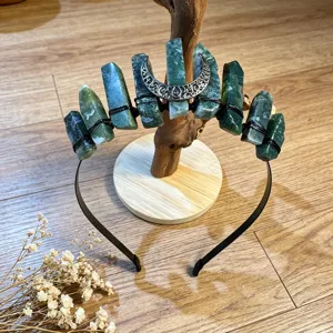 Natural green crystal tiara headband with silver crescent moon for women photo shoot decor.