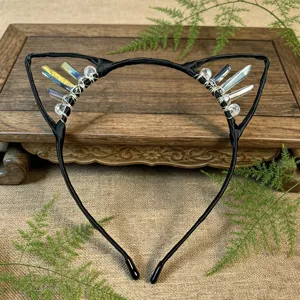 Handmade crystal cat ear hair hoop with aura quartz and wire wrapping for women styling.