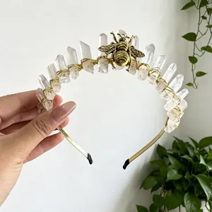Natural crystal crown headband with gold wire and bee charm for women party photo gift