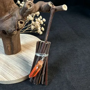 Mini crystal broom ornament, rustic twig branch hanging decor for Halloween and holiday.